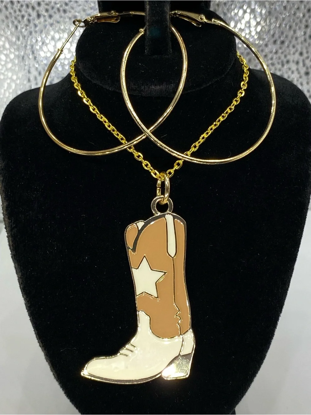*** Southwestern ^^^ Cowboy Boot Pendant Necklace /  Hoop Earrings *